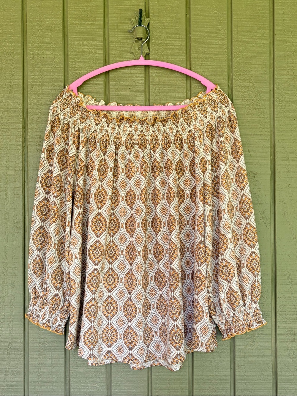 MELLODAY Boho Off The Shoulder Peasant Blouse Large EUC Medallion Geometric